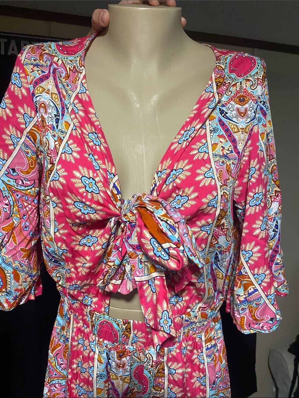 Women’s Pink Floral Tie-Front Jumpsuit Romper - Picture 3 of 7